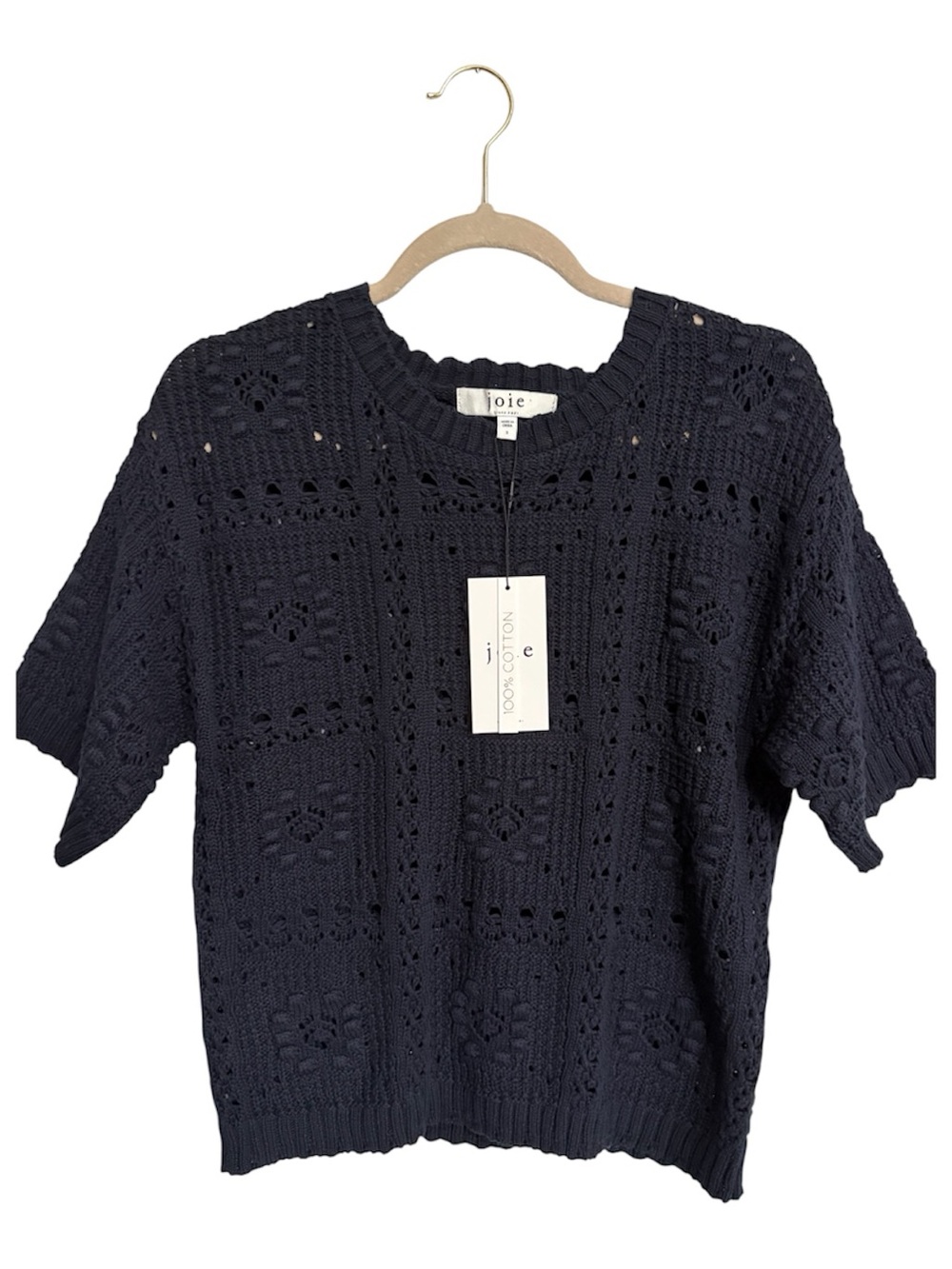 Joie Navy Open Knit Cotton Short Sleeve Boho Preppy Coastal Sweater Small NWT